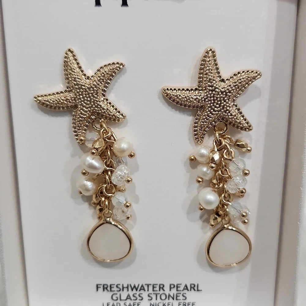 💛🔹Piper k🔹Gold Starfish Freshwater Pearl Cluster Glass Stone Dangle Earrings